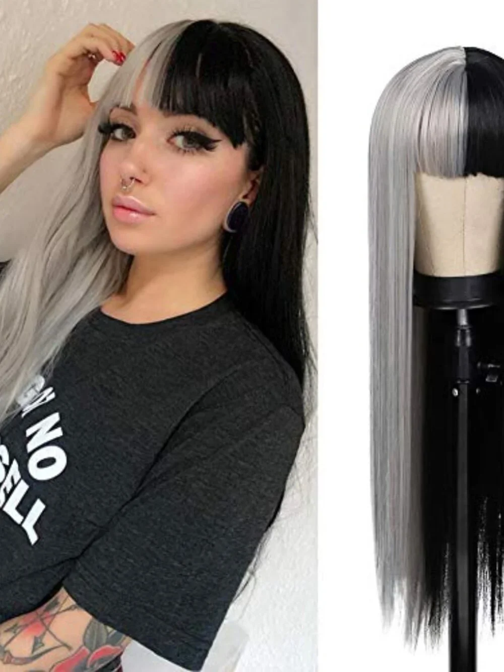 Half Grey Half Black Wig for Women Long Straight Hair with Bangs Soft Natural‎